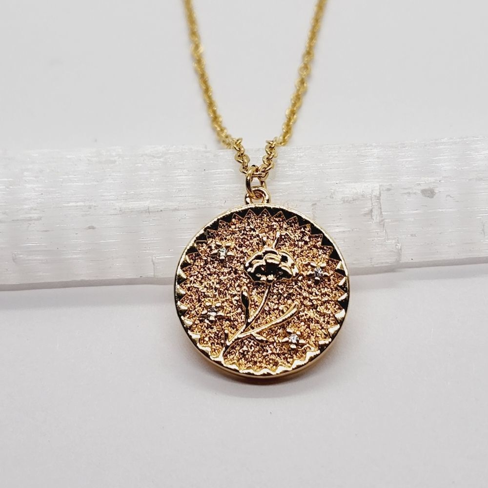 February Birth Flower Floral Necklace Pendant Crystals Gold Toned 19" Primrose